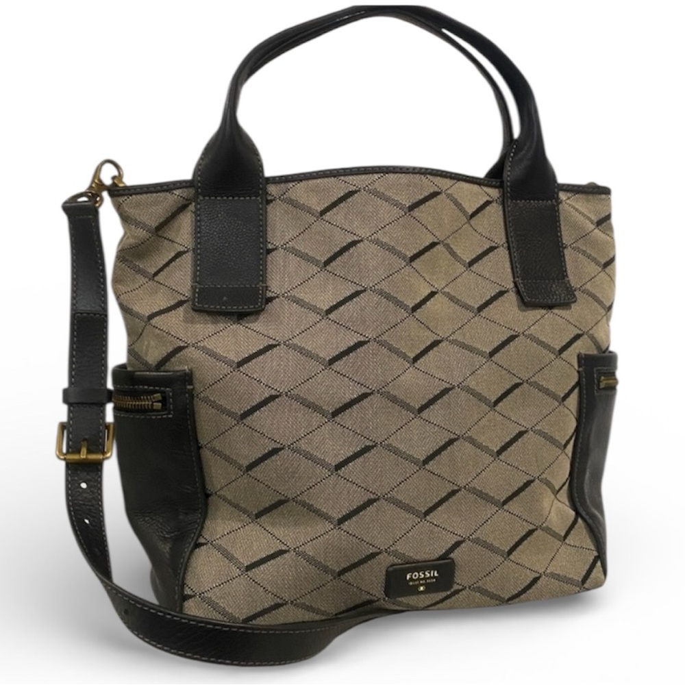 Fossil Emerson Satchel Bag Canvas Leather Tote Gold Tan Black Classic Preppy